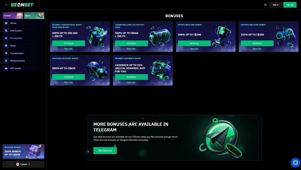BeonBet Casino bonuses page screenshot