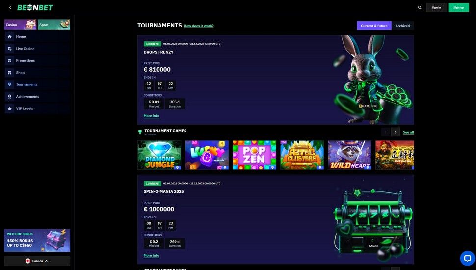 BeonBet Casino tournaments page screenshot