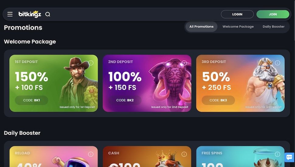 Bitkingz Casino bonuses page screenshot