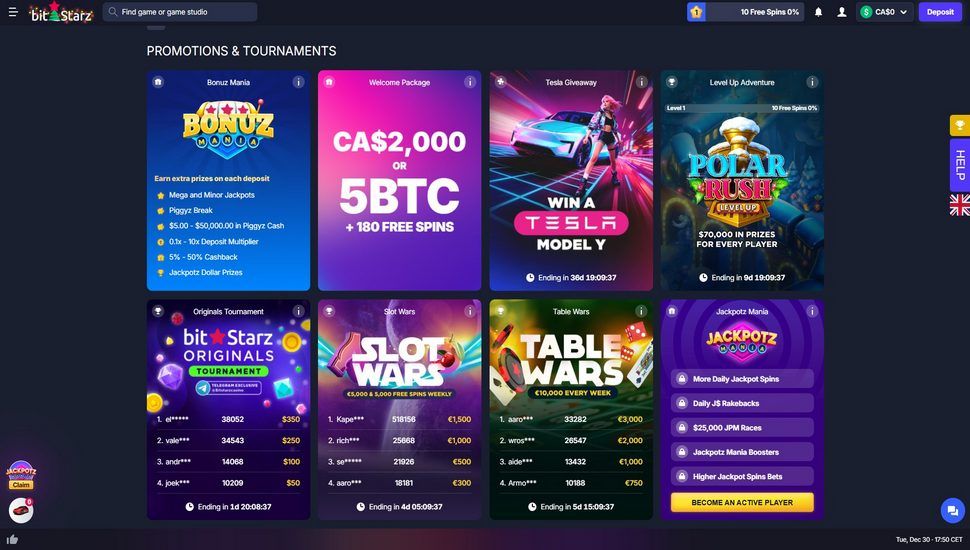 Bitstarz Casino bonuses page screenshot