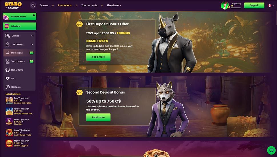 Bizzo Casino bonuses page screenshot