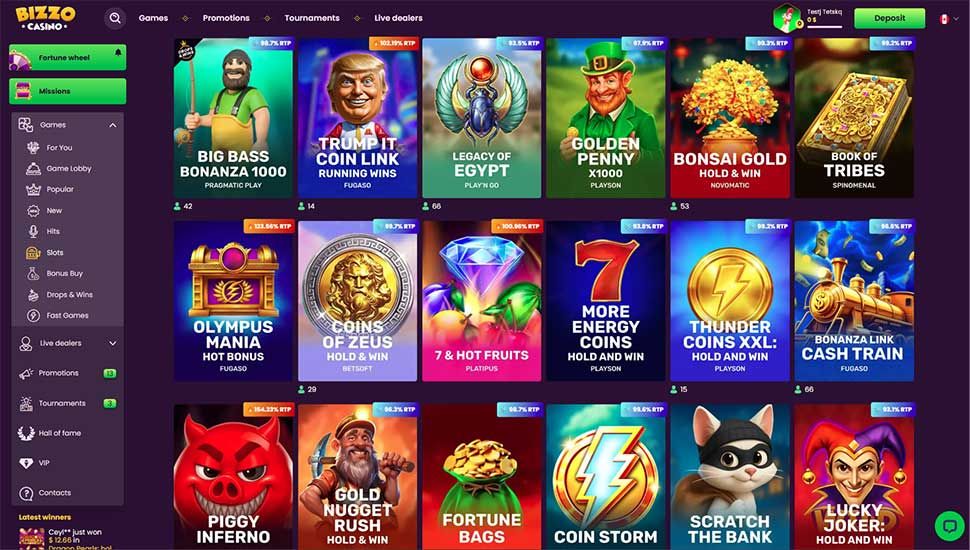 Bizzo Casino slots page screenshot