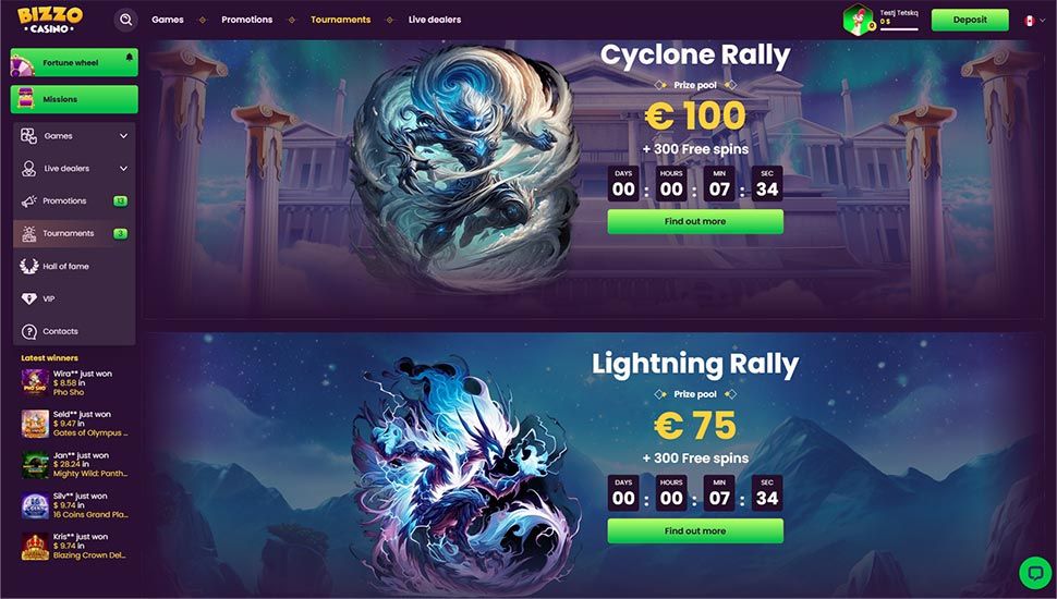 Bizzo Casino tournaments page screenshot