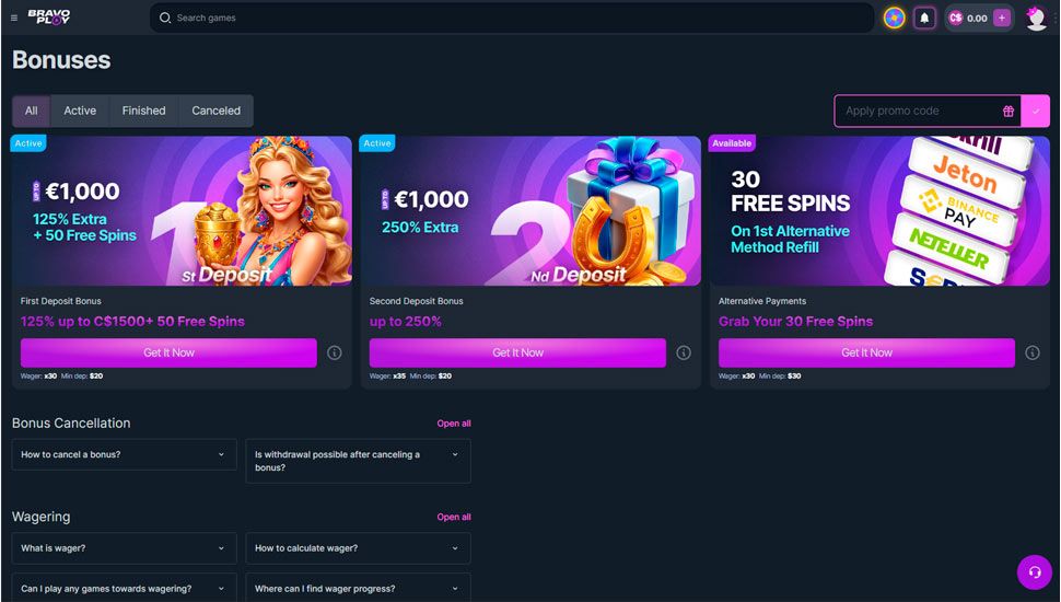 Bravoplay Casino bonuses page screenshot
