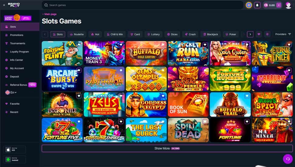 Bravoplay Casino slots page screenshot