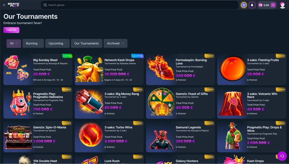 Bravoplay Casino tournaments page screenshot