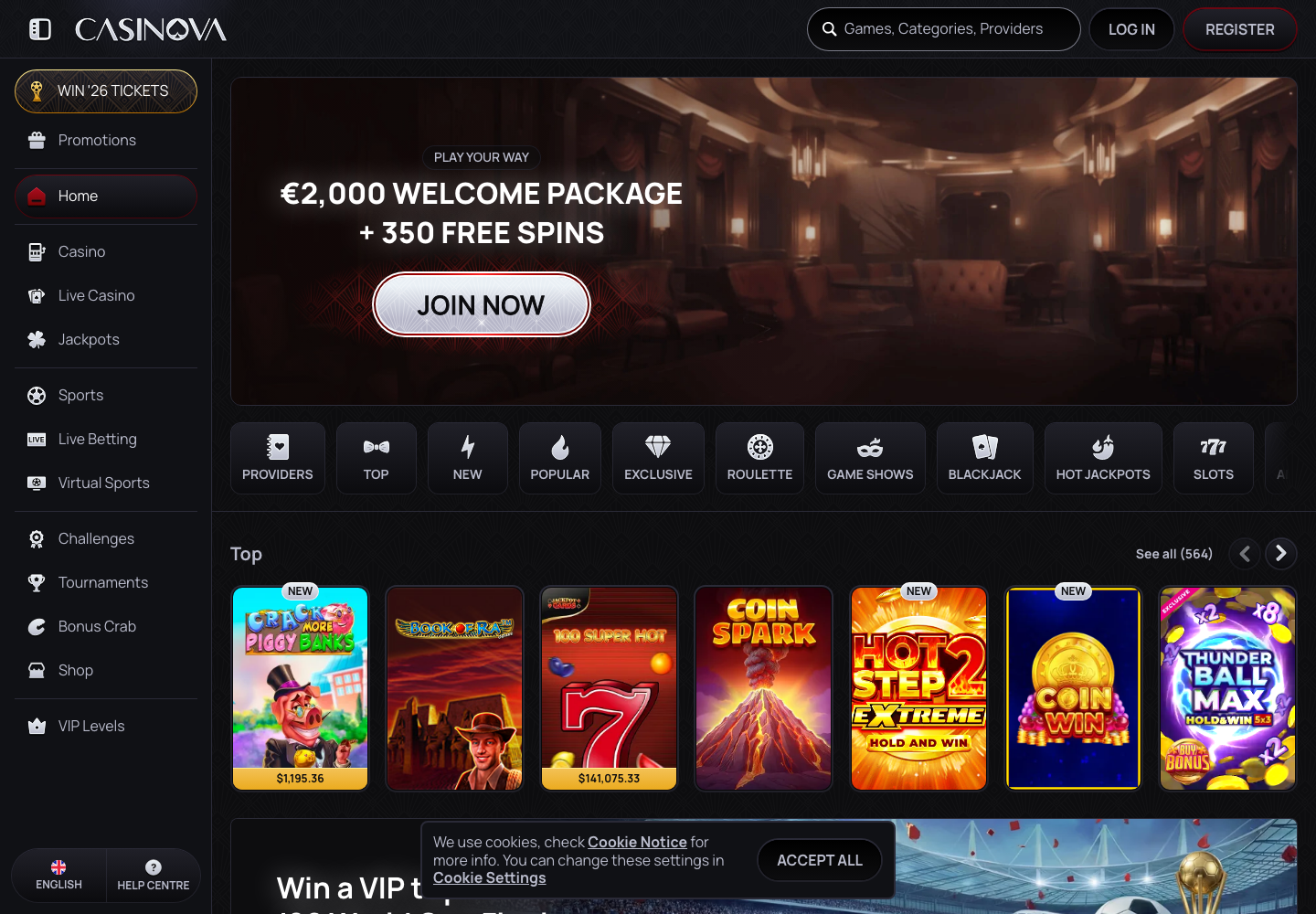Casinova Casino homepage screenshot with welcome package and game lobby