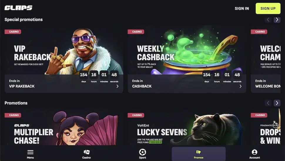 Claps Casino bonuses and promotions page screenshot