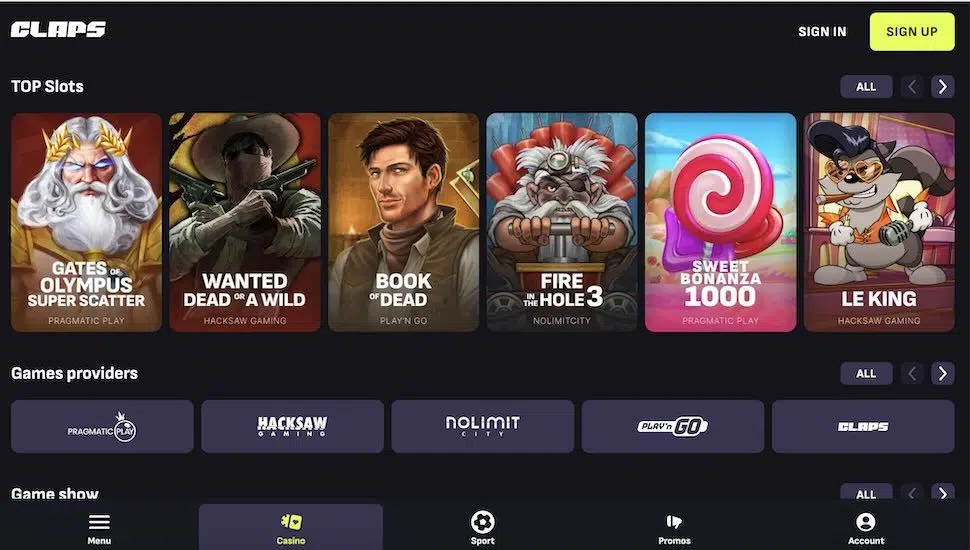 Claps Casino games lobby screenshot