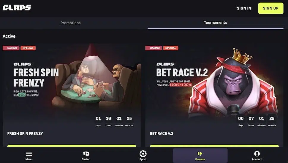 Claps Casino tournaments page screenshot