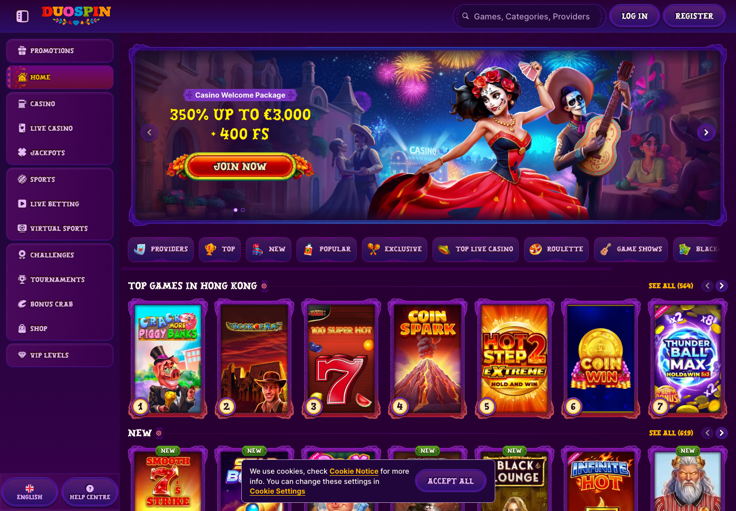 Duospin Casino homepage screenshot with welcome package and game lobby