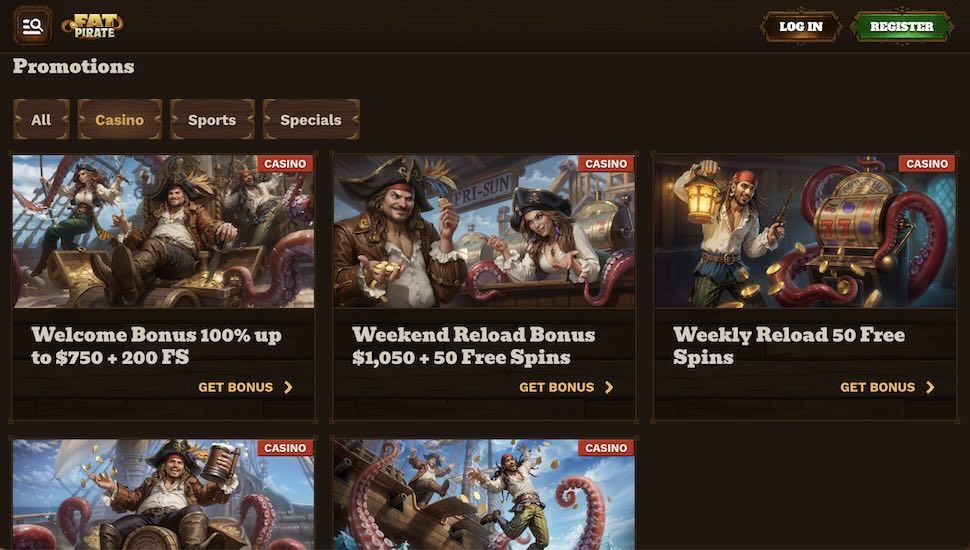 Fatpirate Casino promotions page showing bonus offers