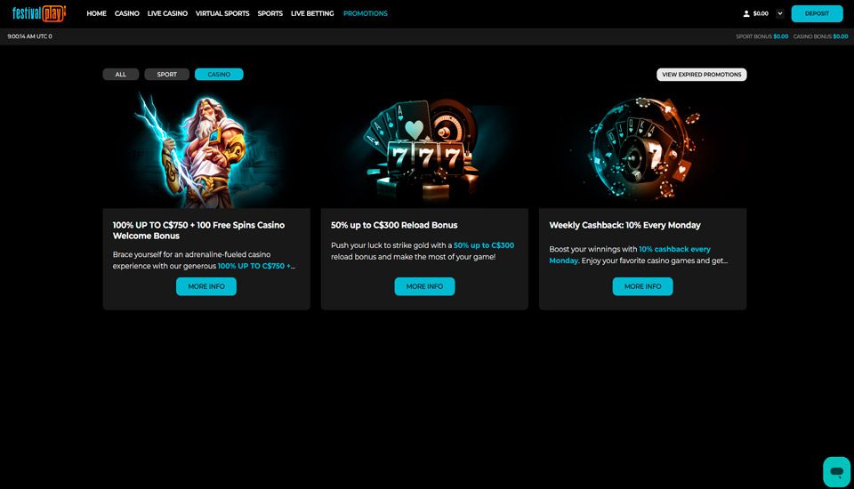 Festivalplay Casino promotions page showing welcome bonus and cashback offers