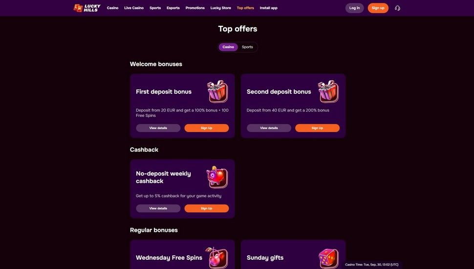 LuckyHills Casino bonuses page screenshot