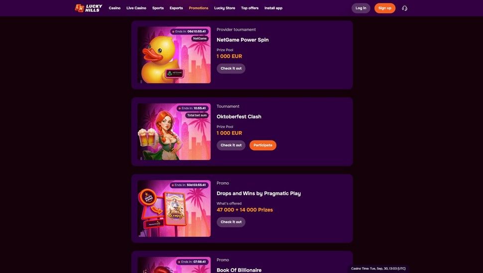 LuckyHills Casino tournaments page screenshot