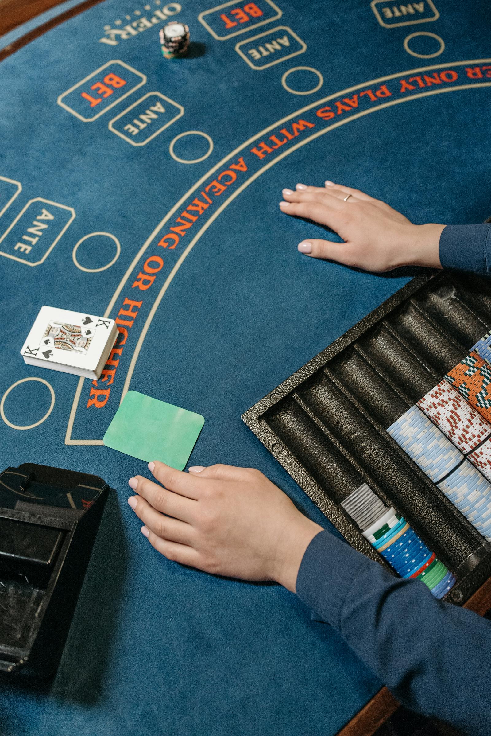 Live casino table with chips and playing cards