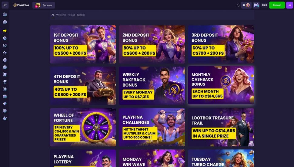 Playfina Casino bonus page screenshot