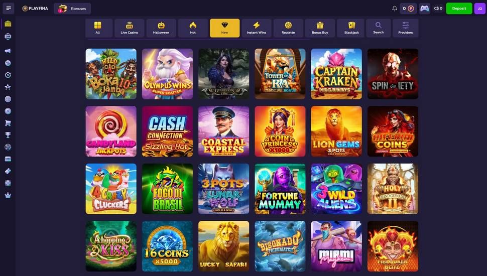 Playfina Casino slots page screenshot with game lobby