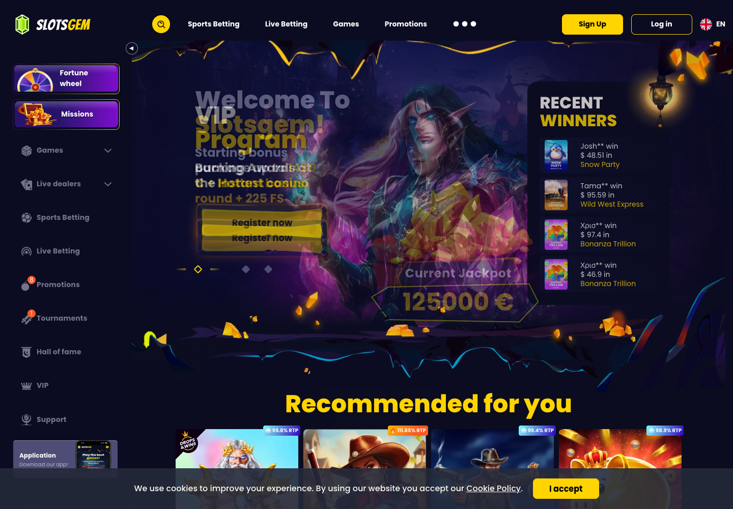 Slotsgem Casino homepage screenshot with welcome package and game lobby