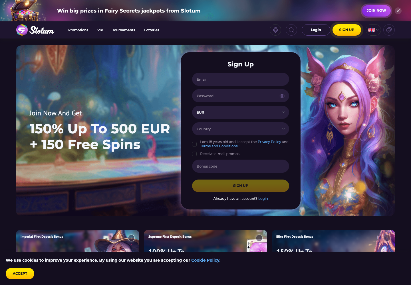 Slotum Casino homepage screenshot showing the welcome bonus and sign-up panel