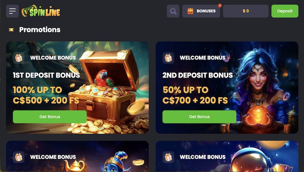 Spinline Casino bonus page screenshot