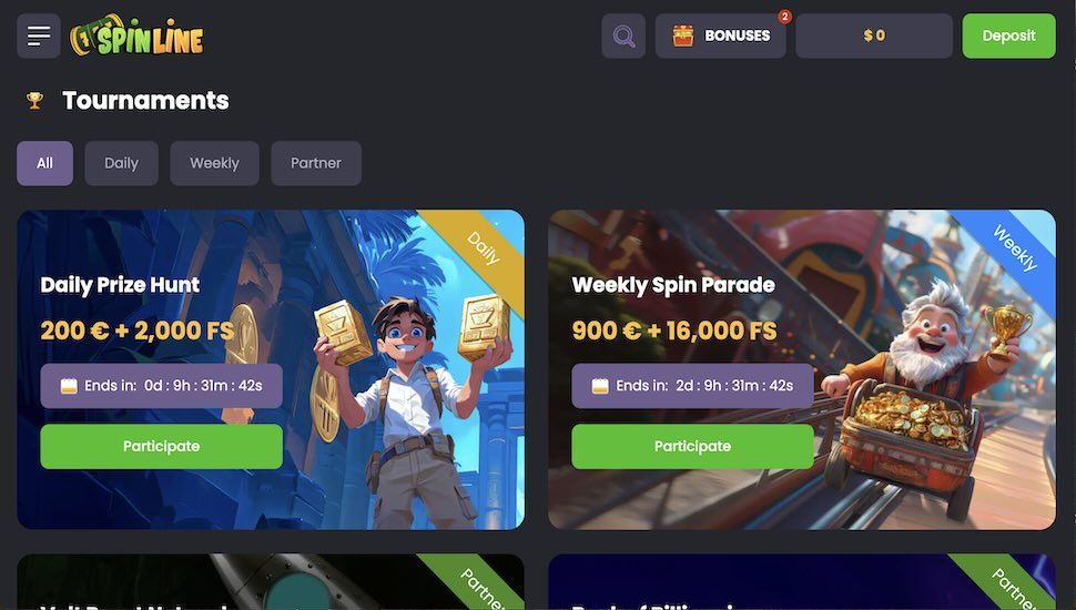Spinline Casino tournaments page screenshot