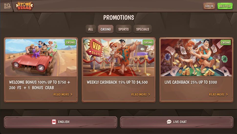 Stonevegas Casino promotions page showing welcome and cashback offers
