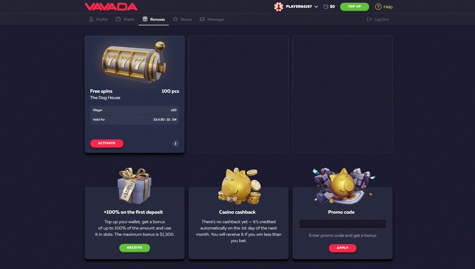 Vavada Casino bonus page screenshot