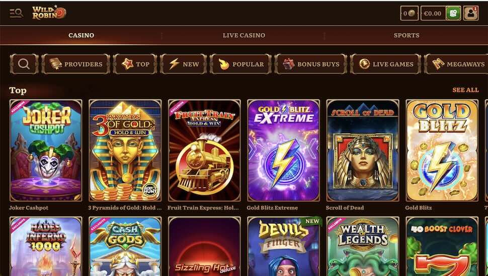 Wild Robin Casino games page screenshot