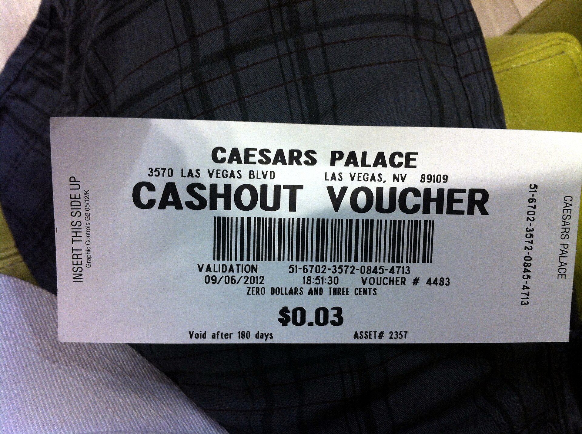 Slot machine ticket-in ticket-out display representing cashless casino gaming