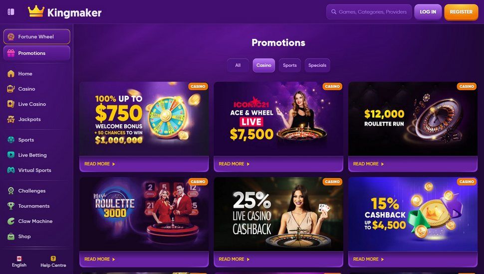 Kingmaker Casino bonus page screenshot
