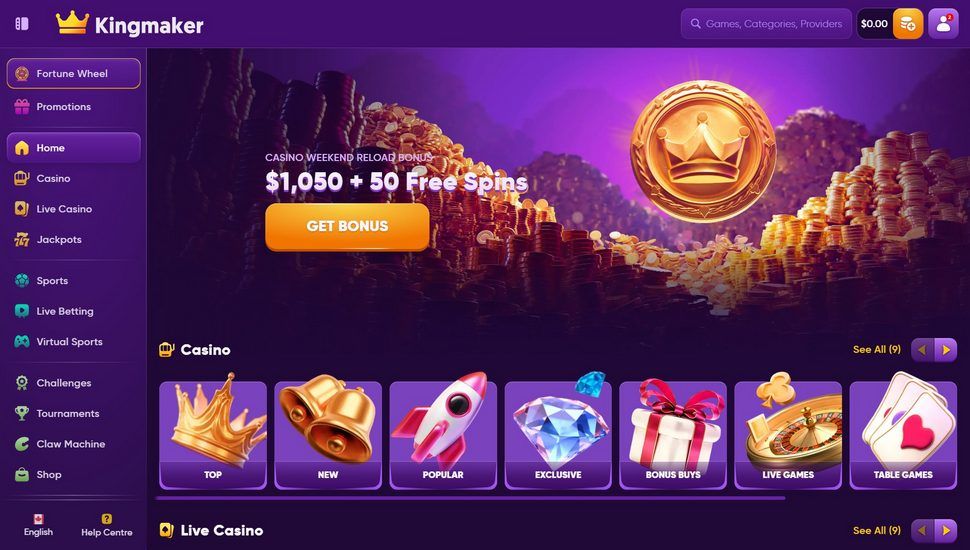 Kingmaker Casino main page screenshot