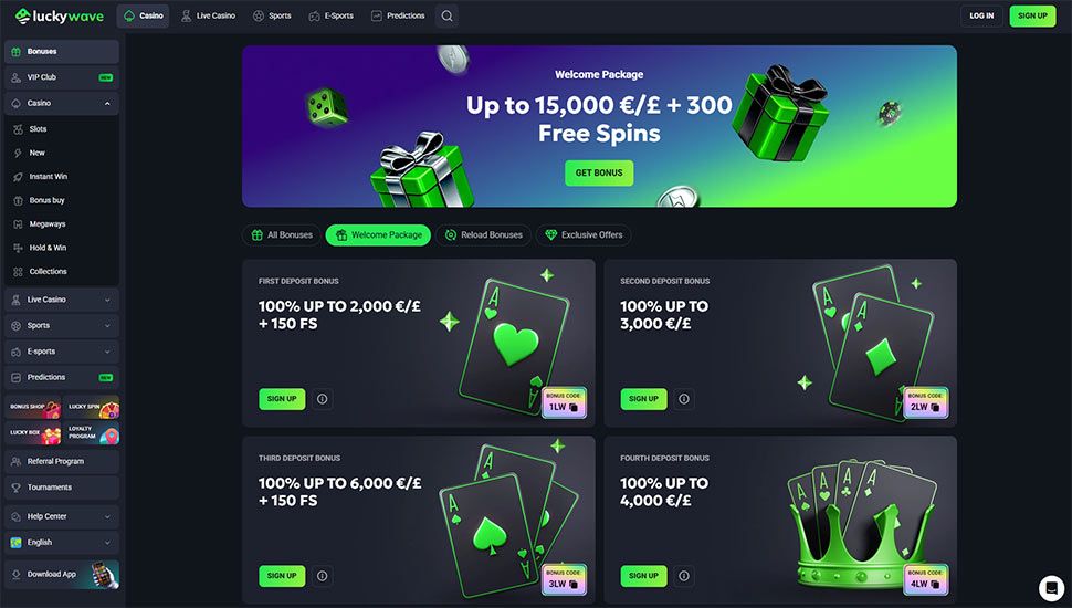 LuckyWave Casino bonuses page screenshot