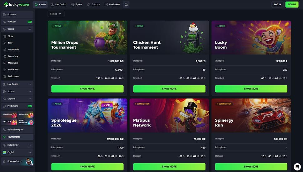 LuckyWave Casino tournaments page screenshot