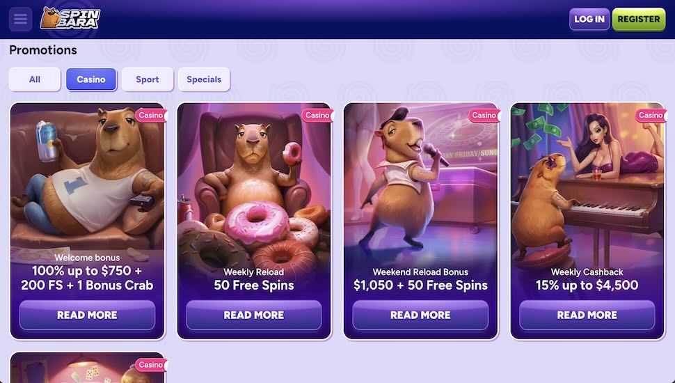 Spinbara Casino bonuses page screenshot