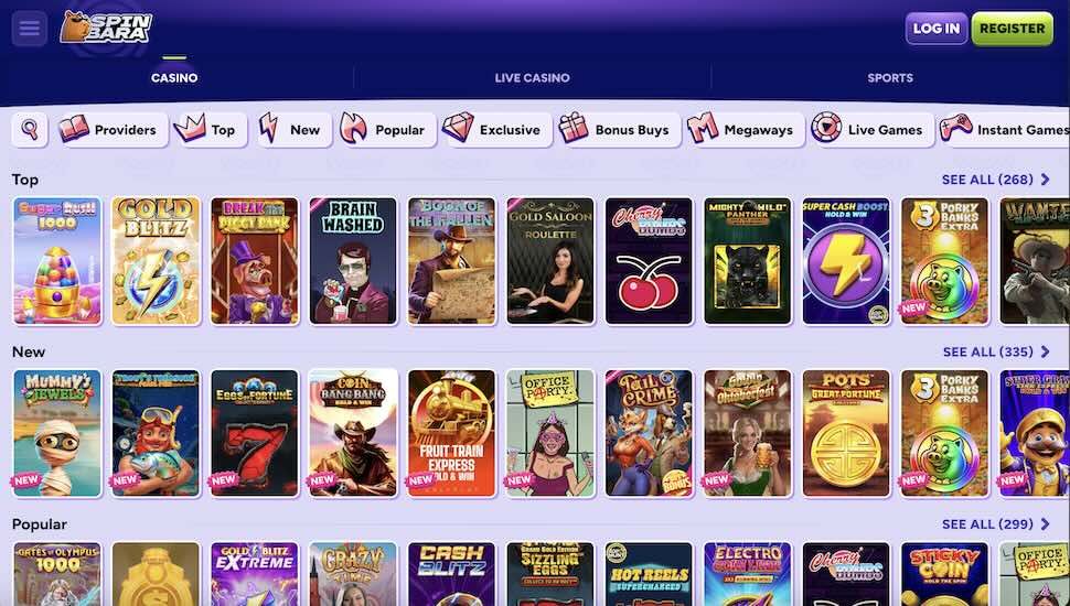 Spinbara Casino slots page screenshot