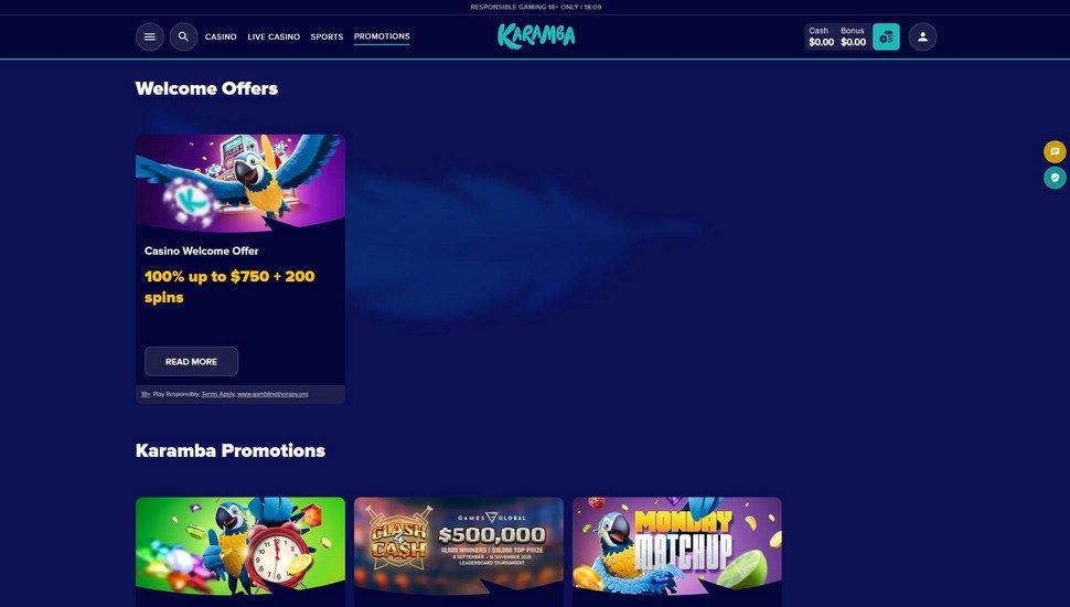 Karamba casino bonus page
