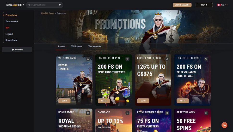 KingBilly casino bonus page