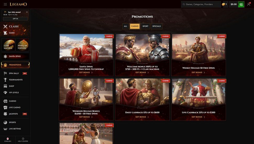 Legiano Casino bonus page