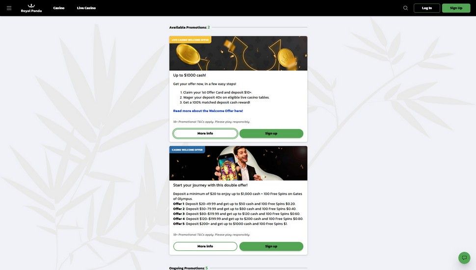 Royal Panda casino bonus page