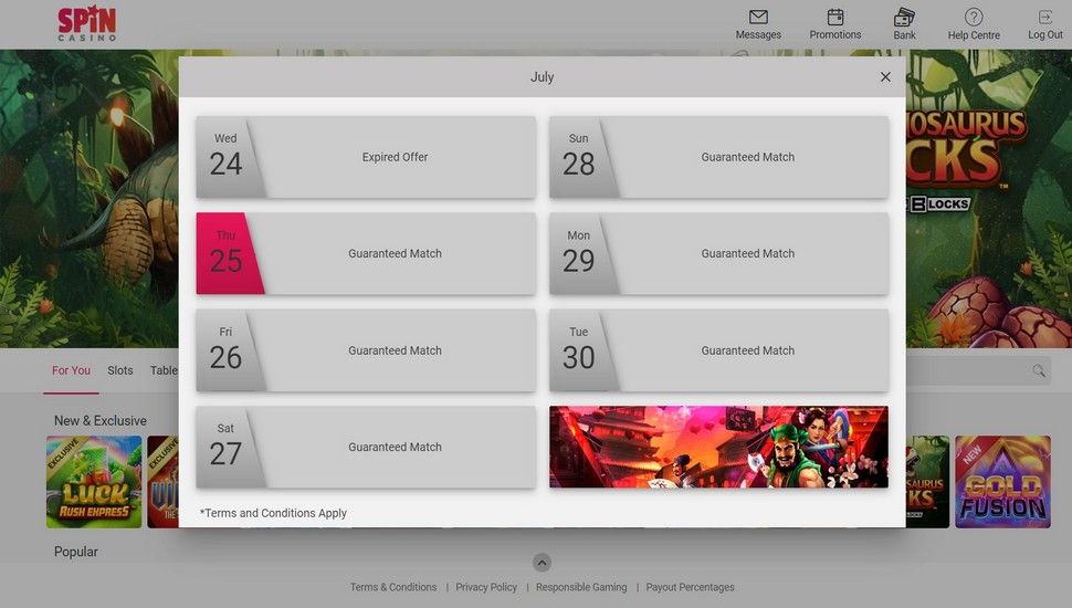 Spin Casino bonus page
