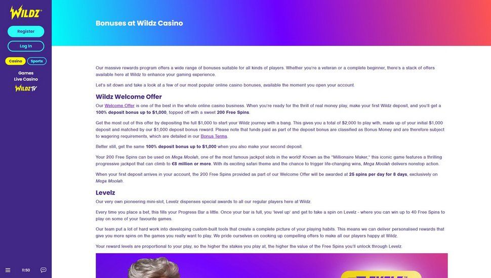Wildz casino bonus page