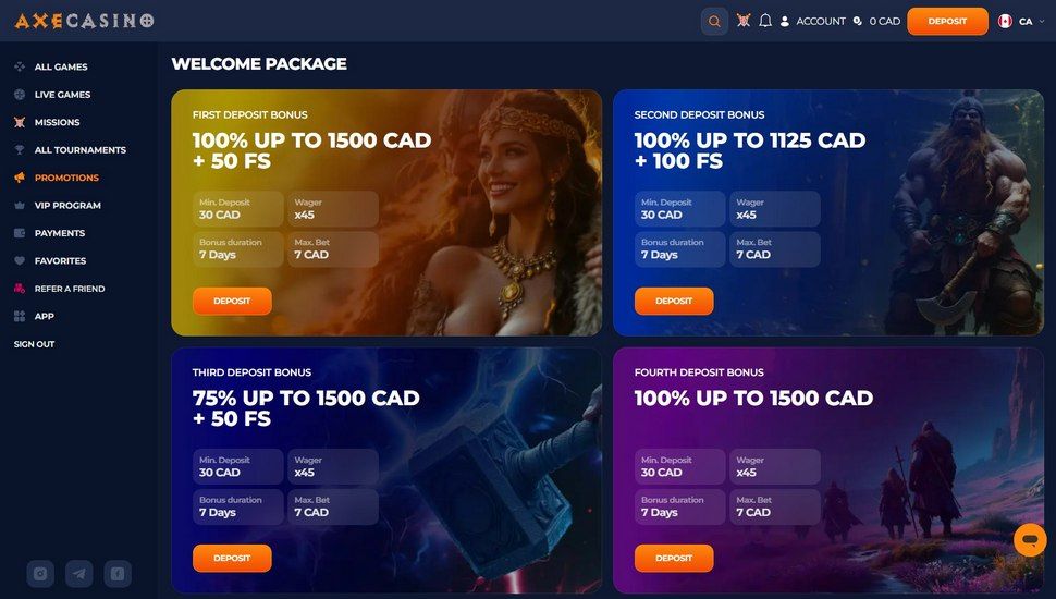 Axe Casino bonuses page