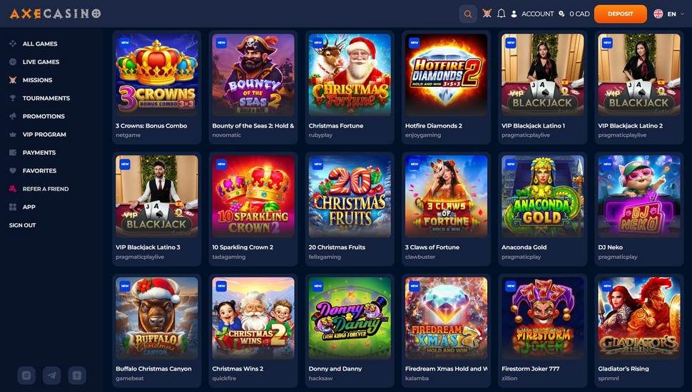 Axe Casino slots page