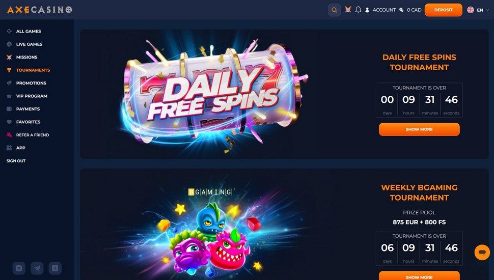 Axe Casino tournaments page