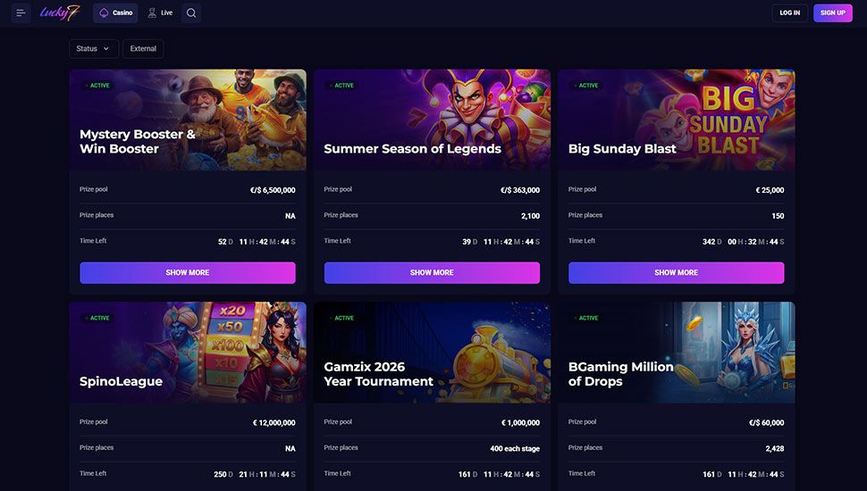 Lucky7even Casino - list of tournaments