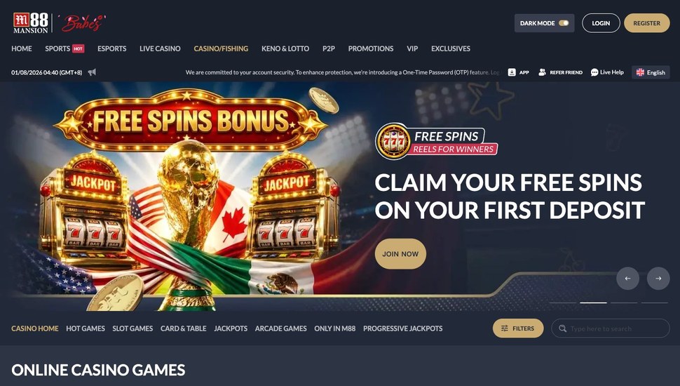 M88 Casino official game lobby screenshot