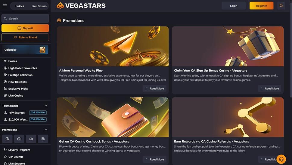Vegastars Casino - list of bonuses