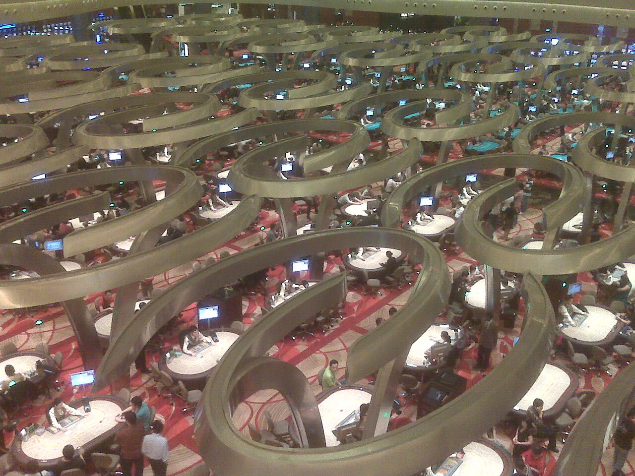 Rows of baccarat tables at a casino illustrating the tie bet and table rules