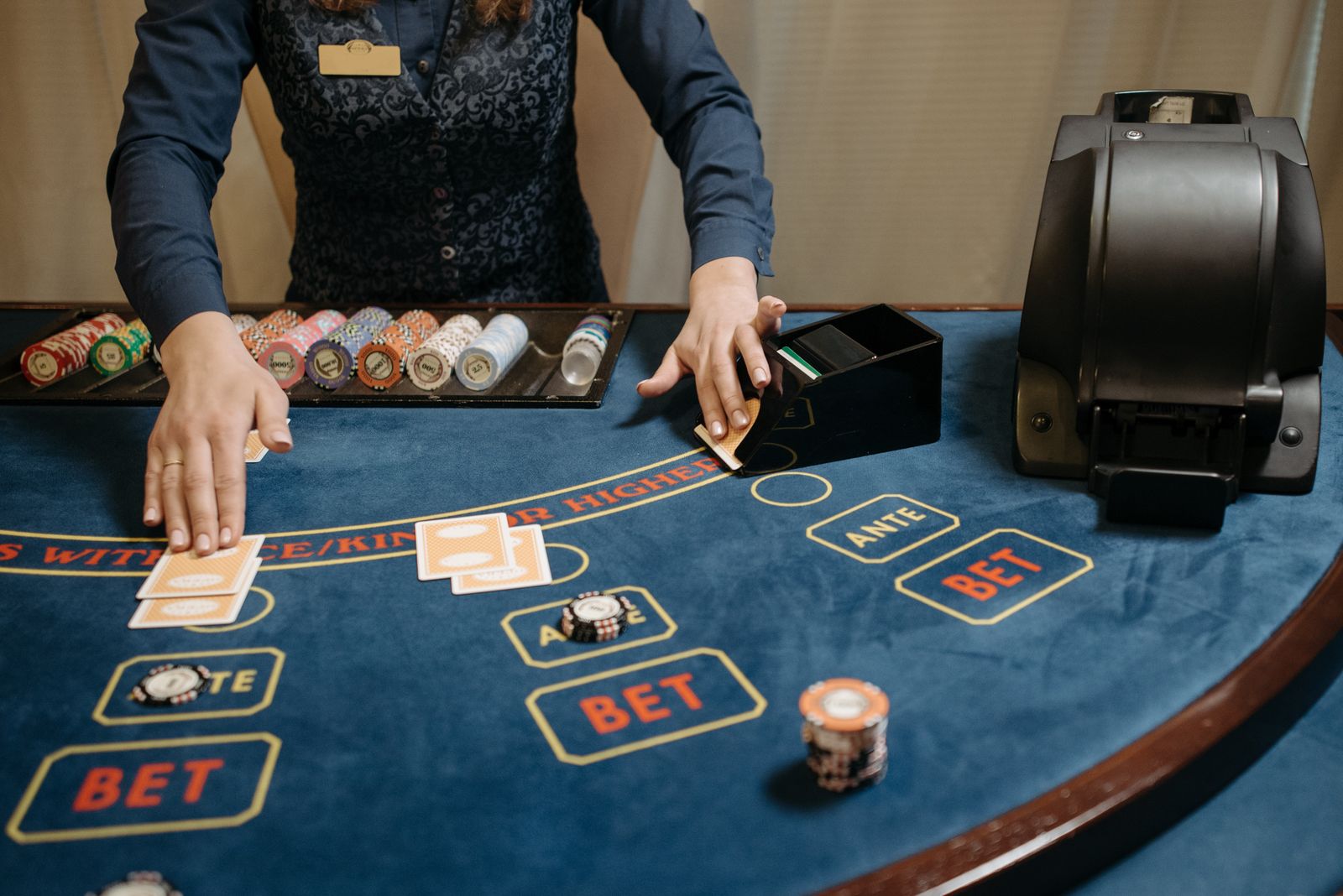 Blackjack table with cards and chips during a casino game